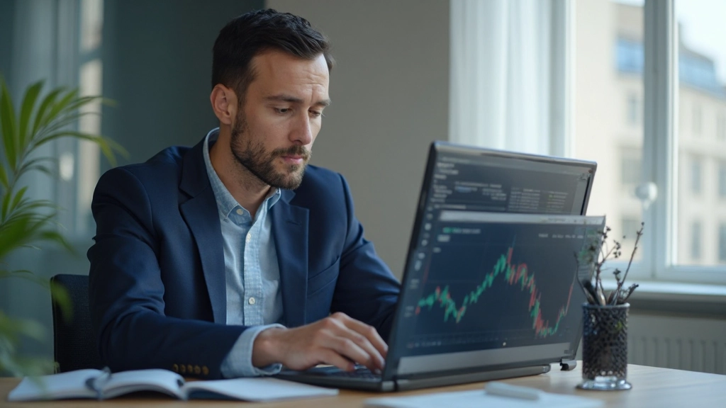 Professional investment advisor reviewing financial portfolio at modern office desk