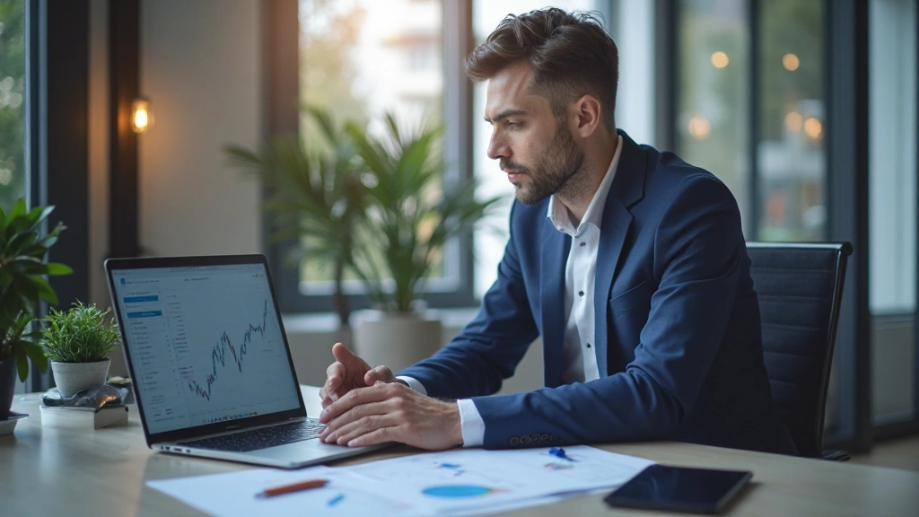 Профессиональный инвестор анализирует финансовые графики на ноутбуке за современным рабочим столом