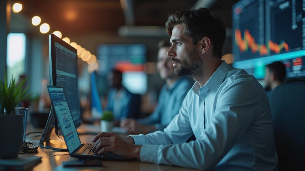 Трейдер работает на фондовой бирже, наблюдая за рыночными котировками на экранах