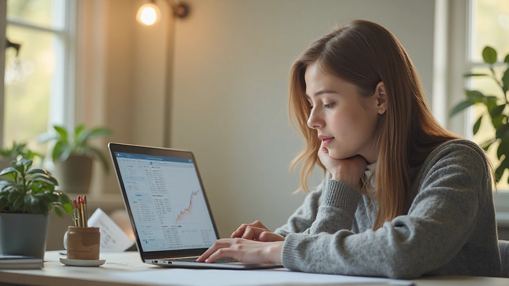 Молодая женщина изучает данные финансового рынка и стратегии инвестирования дома